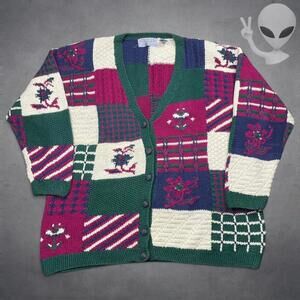 Northern Isles 2 Hand Knit Cardigan 3XL Multi Color Patchwork Vintage 80s